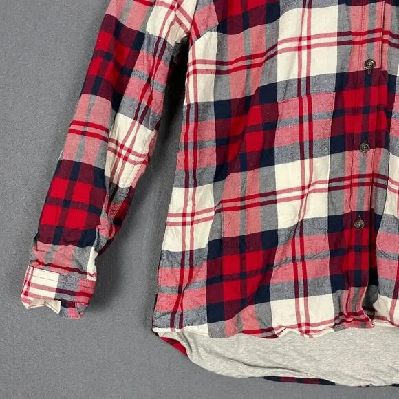 Eddie Bauer Shirt Jacket Women's XL Red Ivory Plaid Hi-Low Button Front Hooded - Picture 5 of 16